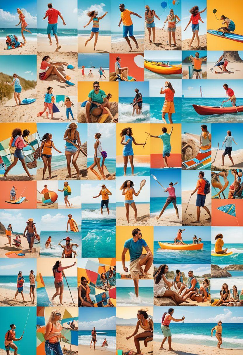 A lively collage featuring a variety of fun activities: people playing outdoor sports like soccer and tennis, individuals engaged in creative hobbies like painting and gardening, friends enjoying a beach day with surfboards, a family playing board games, and a group hiking in a picturesque mountain setting. Bright and cheerful colors to convey joy and energy, with a focus on diversity and inclusivity. vector art, vibrant colors.