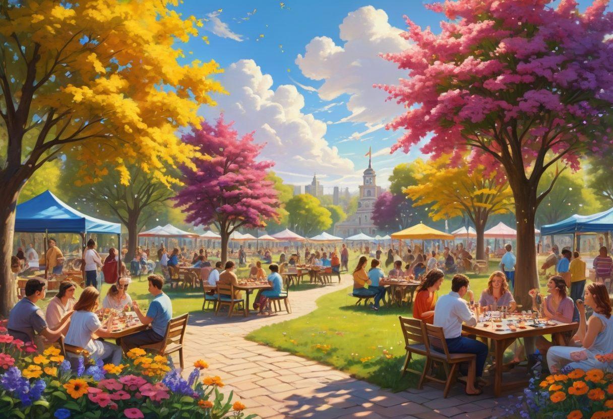 A vibrant scene showcasing diverse creative and recreational activities: people painting, playing music, dancing, reading, and engaging in board games, all in a lively and joyful atmosphere, set in a picturesque park with colorful flowers and a bright sunny sky. super-realistic. vibrant colors.